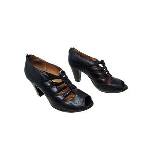Indigo Clarks Heels 8M Wom Pumps Black Leather Strappy Peep Toe Retro Whimsigoth